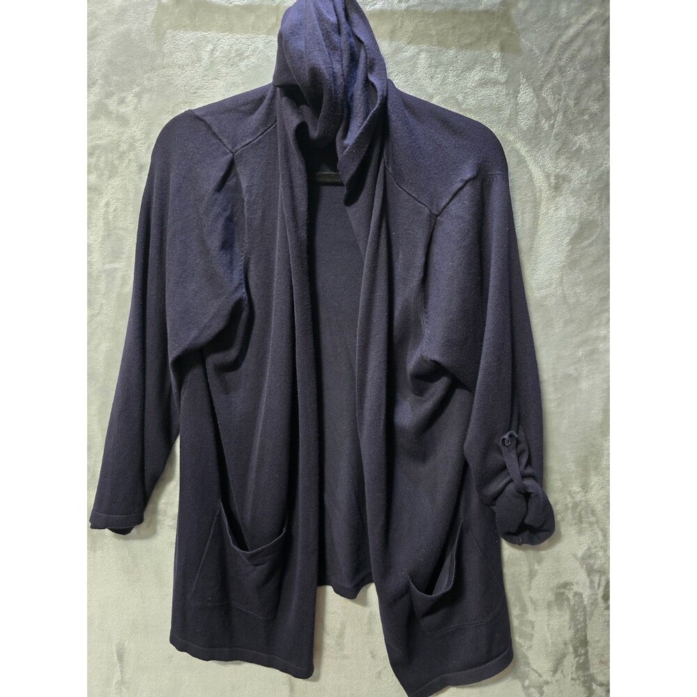 Isela Open Sweater Hooded Cardigan Womens 1x Navy Blue Pockets Roll Tab Sleeve